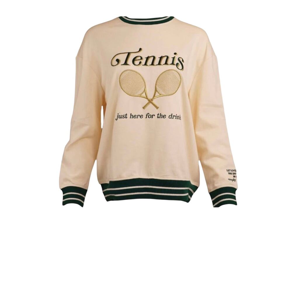 Simply Southern Over Sized Tennis Varsity Crewneck Sweatshirt Ivory/Green S